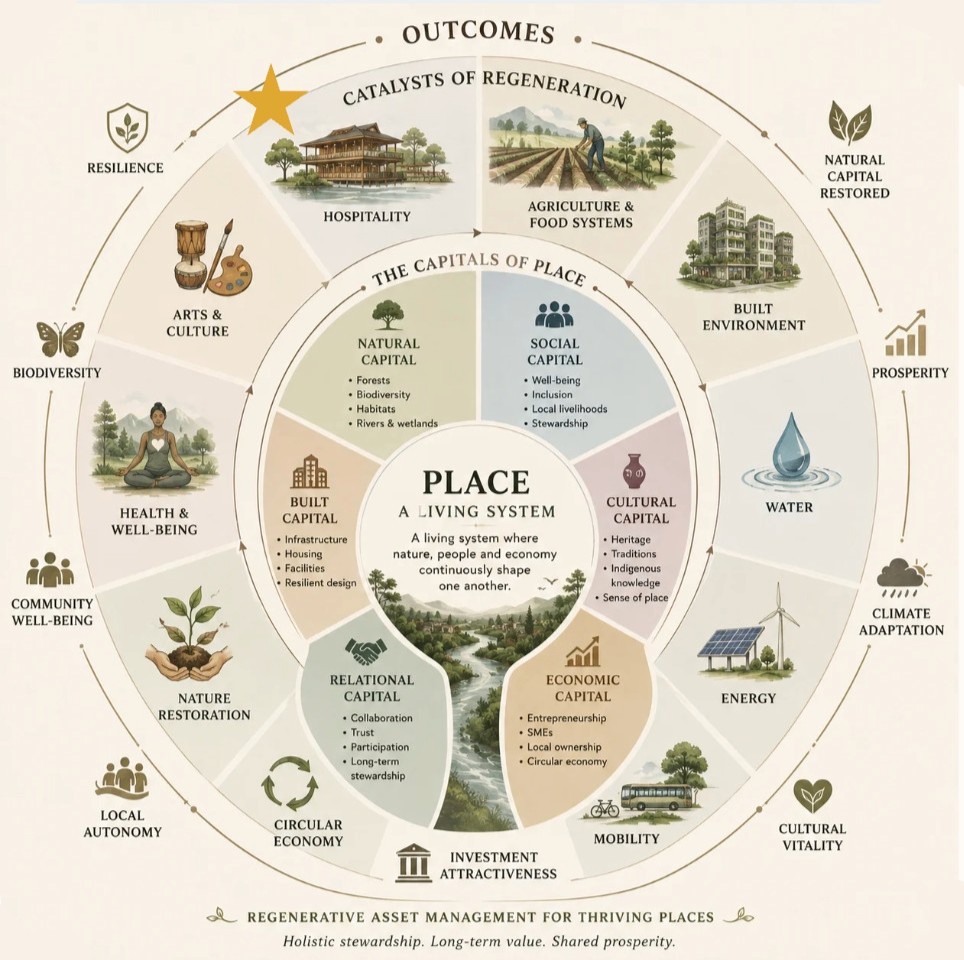 Circular infographic titled "Place: A Living System," showing six capitals of place at the centre, surrounded by catalysts of regeneration and an outer ring of outcomes.