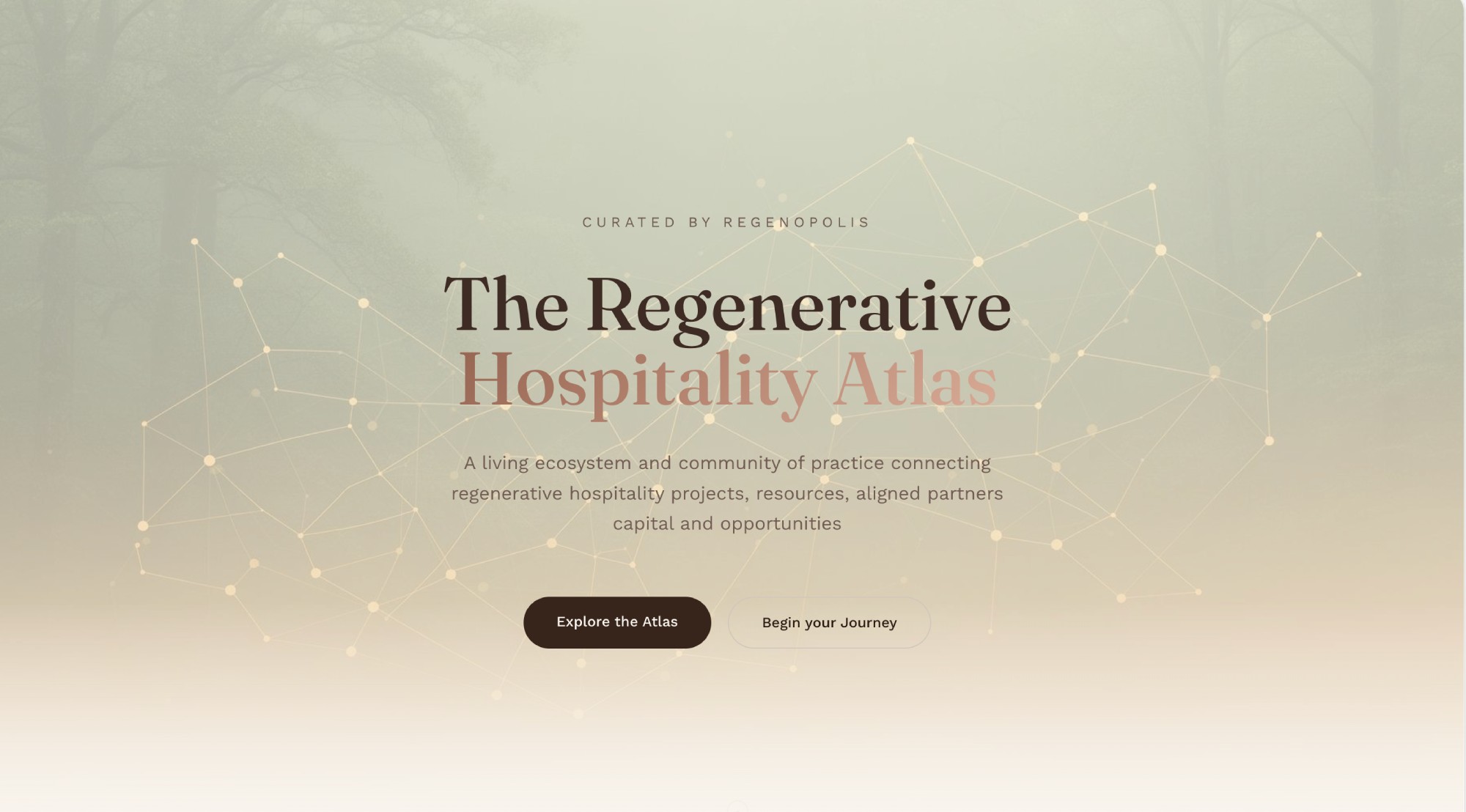 Website hero banner for "The Regenerative Hospitality Atlas," curated by Regenopolis, over a misty forest background with a glowing network of connected dots.
